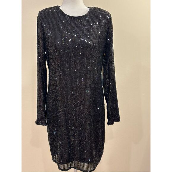 Cece Women's Long Sleeve Sequin Mini Dress Rich Black Size 12 NWT - Picture 1 of 4